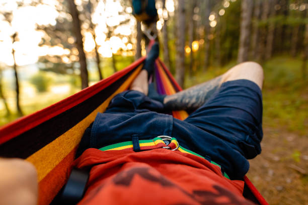 istock Man relaxing in hammock and enjoying fresh forest day 1254780449