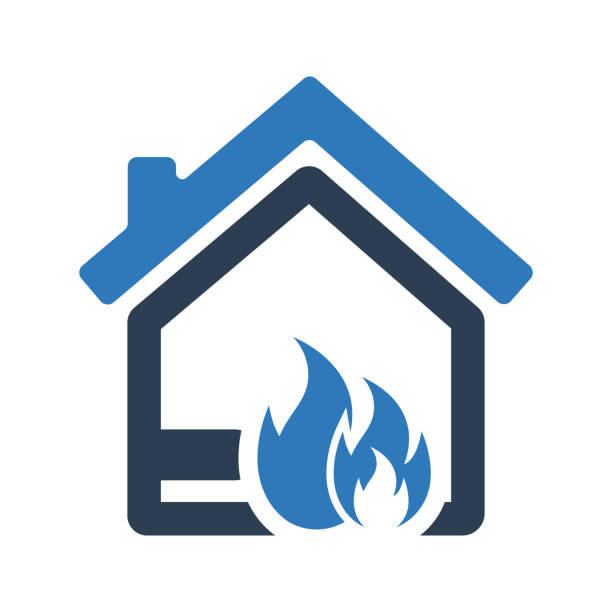 ikona wybuchu pożaru w domu, symbol eksplozji ognia - lightning fire water space stock illustrations