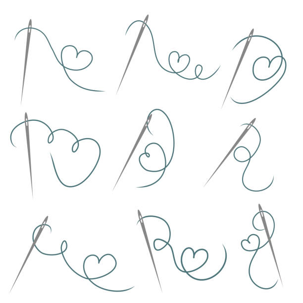 ilustrações de stock, clip art, desenhos animados e ícones de heart with a needle thread icon for design on white, set of different form of hearts. vector illustration - needle thread sewing red