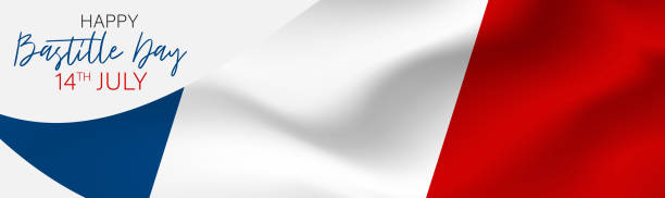 istock Bastille Day banner or header. July 14th France national holiday celebration. Blue, white, and red tricolor waving french flag. Vector illustration with lettering. 1254784084