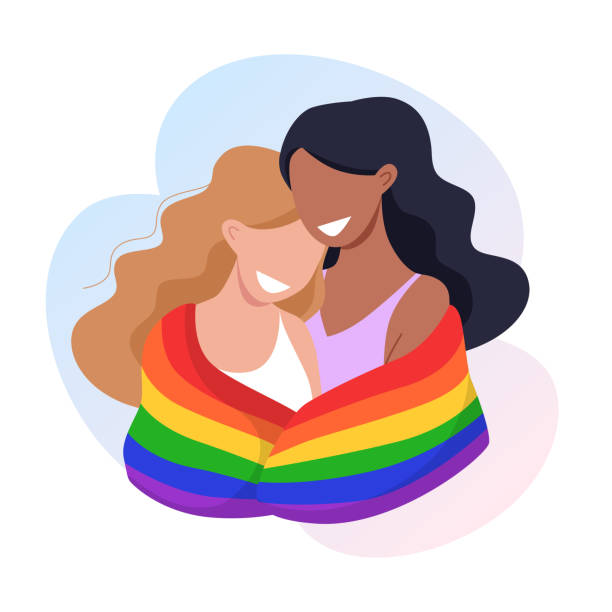 młode kobiety przytulają się i trzymają tęczową flagę dumy lgbt. pojęcie praw mniejszości seksualnych. ilustracja wektorowa. - homosexual beautiful sensuality love stock illustrations