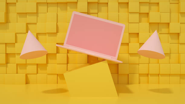 istock Blank Screen Laptop with Geometric Shapes, Minimal Technology Concept, Zero Gravity 1254786997