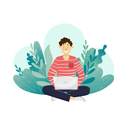 Young adult man with laptop sitting, working and studying in the park in leaves. Concept of freelancer working on cimputer in nature. Home office. Vector illustration