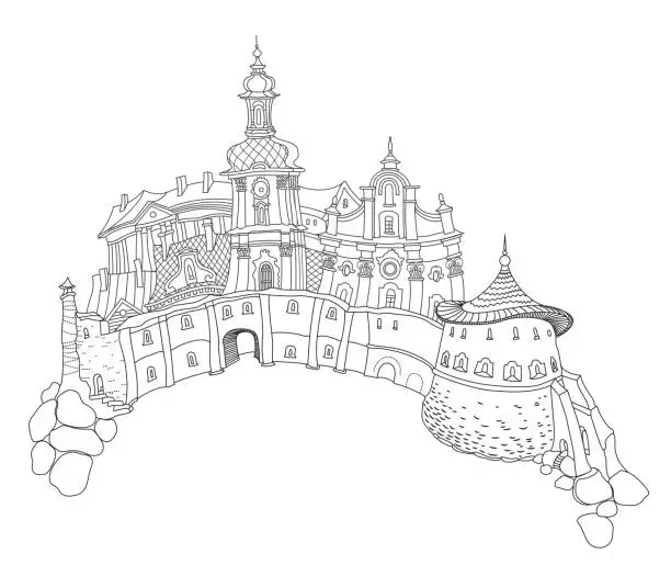 Vector illustration of Vector outline contoured fantasy landscape, fairy tale small town medieval castle on the hill. Black and white T shirt print, Travel Brochure illustration, Adults Coloring Book page