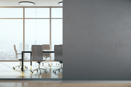 Conference office room with panoramic megapolis city view and blank wall. Workplace and lifestyle concept. 3D Rendering