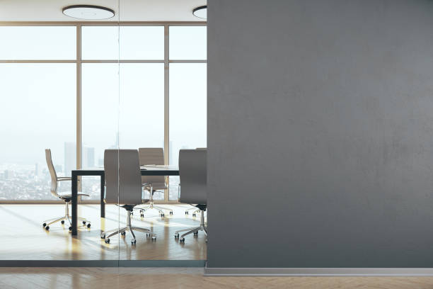 Conference office room with and blank wall. Conference office room with panoramic megapolis city view and blank wall. Workplace and lifestyle concept. 3D Rendering meeting room stock pictures, royalty-free photos & images