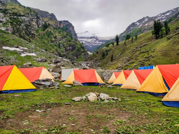 A Beautiful Campsite in an Indian Himalayan Valley near Manali Himachal Pradesh.