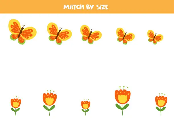 Vector illustration of Match butterfly and flower by size. Educational game for kids.