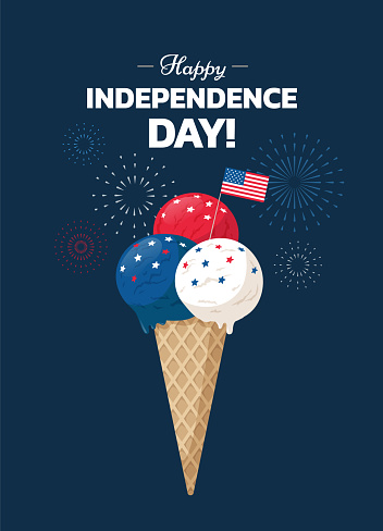 Happy Independence Day! Poster design with Ice cream cone and USA flag on blue background with holiday fireworks. - Vector flat illustration