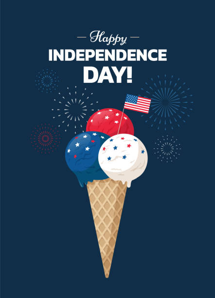 Happy Independence Day! Poster design with Ice cream cone and USA flag on blue background with holiday fireworks. - Vector illustration Happy Independence Day! Poster design with Ice cream cone and USA flag on blue background with holiday fireworks. - Vector flat illustration fourth of july illustrations stock illustrations