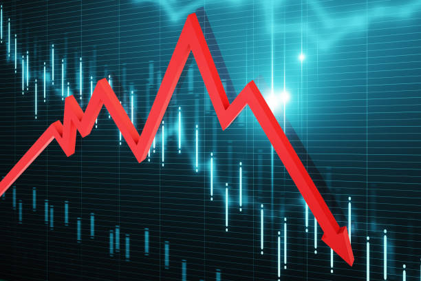 istock Declining stock bar chart and falling red arrow. 1254791301