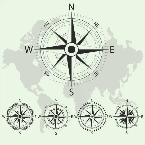 Vector illustration of Retro nautical compass. Retro design vector collection.  Sea navigation compass for sea ship. Vector illustration