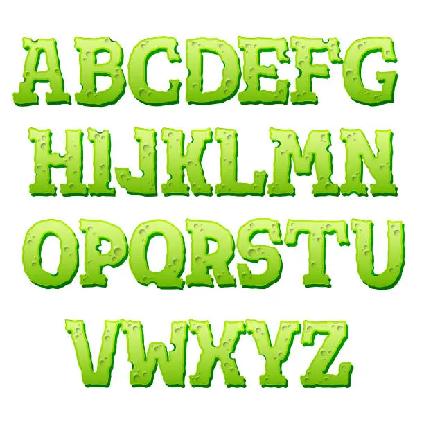 Vector illustration of Green text effect on white background. Cartoon style alphabet with shadow. Vector illustration