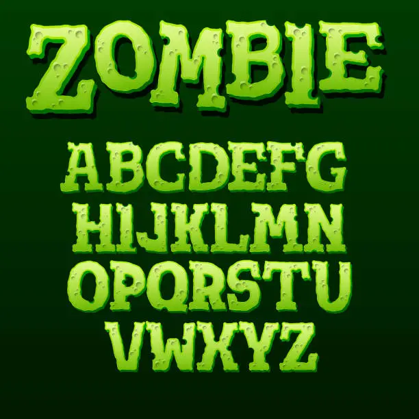 Vector illustration of Green zombie text effect on black background. Cartoon style alphabet with shadow. Vector illustration