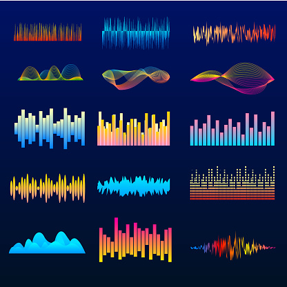 Soundtrack signal spectrum and studio melody beat. Color music wave, audio tune waveform pulse. Soundtrack signal spectrum. Vector illustration