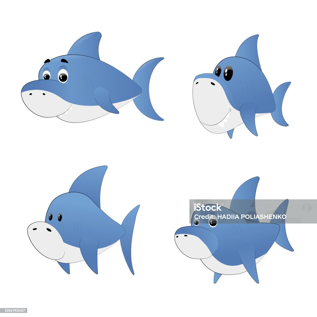 Ilustración de Un Pequeño Tiburón Gracioso Conjunto De Dibujos Animados De  Tiburón Azul Peces Del Océano De Dibujos Animados Emociones De Tiburón  Cómico Tiburones Para Bebés Niños Y Familia Ilustración Vectorial y