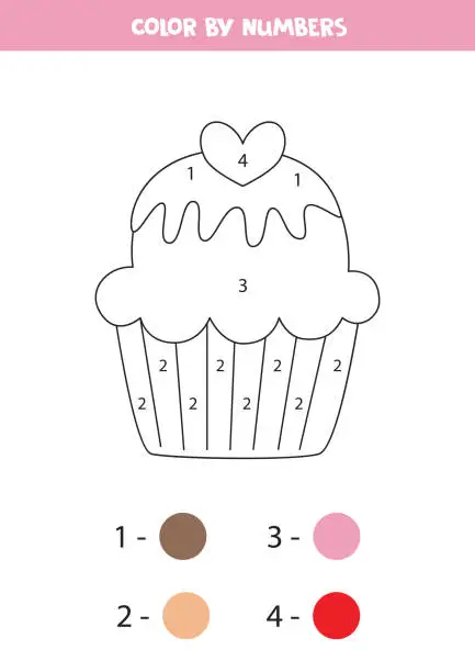 Vector illustration of Coloring page for kids. Cute cartoon cupcake. Color by numbers.