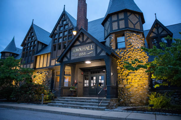 istock Tungsten lit Town Hall at dusk 1254793103