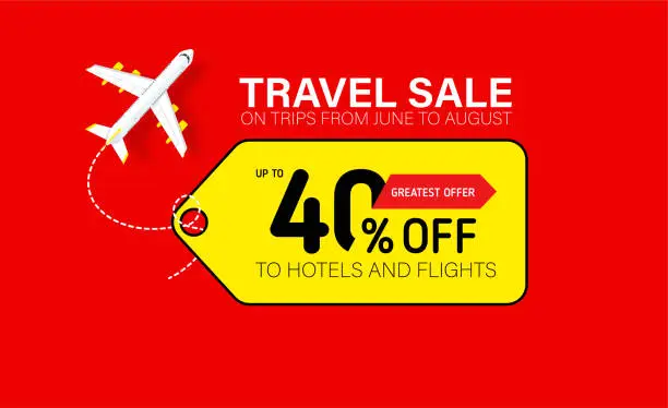 Vector illustration of Travel sale banner with yellow tag. Hot fares for domestic and International flights. Greatest deal on sale flights, book hotels online. Cheap travel offer.