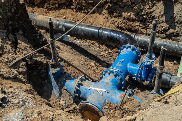 istock Water pipes in the trench. 1254794376
