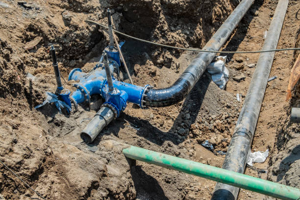 istock Water pipes in the trench. 1254794494