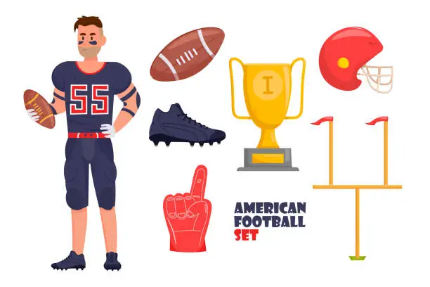 Vector illustration of American Football equipment set with american football player in sport uniform holding a ball.