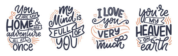 Set with slogans about love in beautiful style. Vector abstract lettering compositions. Trendy graphic design for prints and cards. Motivation posters. Calligraphy text for Valentine's Day. Set with slogans about love in beautiful style. Vector illustration. Abstract lettering compositions. Trendy graphic design for prints and cards. Motivation posters. Calligraphy text for Valentine's Day. i love you stock illustrations