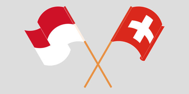 скрещенные и развевающиеся флаги индонезии и швейцарии - helvetic confederation stock illustrations