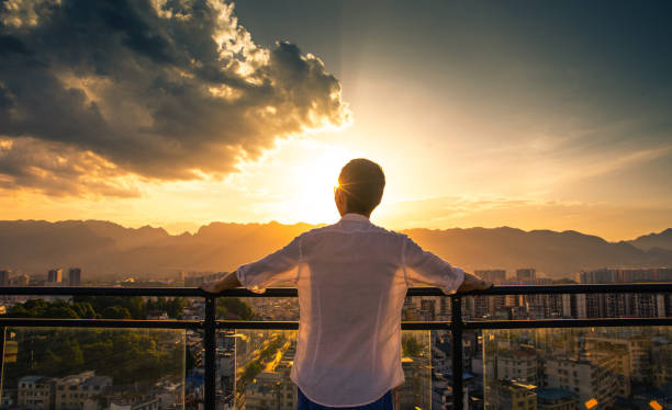 istock Young businessman standing on rooftop looking sunset 1254796382