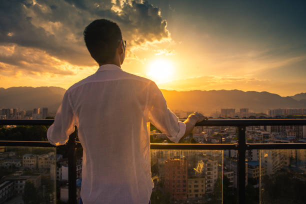 istock Young businessman standing on rooftop looking sunset 1254797161