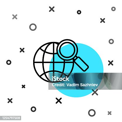 istock Black line Magnifying glass with globe icon isolated on white background. Analyzing the world. Global search sign. Random dynamic shapes. Vector Illustration 1254797508