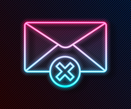 Glowing neon line Delete envelope icon isolated on black background. Delete or error letter. Cross on message. Rejected mail. Vector Illustration