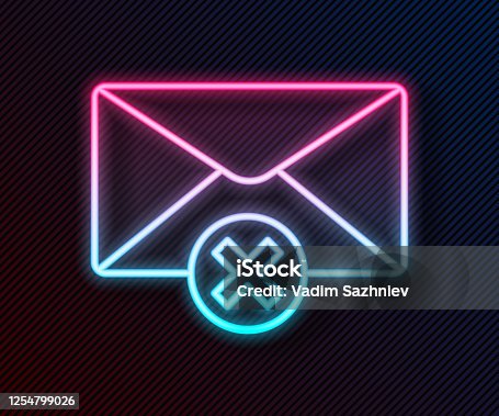 istock Glowing neon line Delete envelope icon isolated on black background. Delete or error letter. Cross on message. Rejected mail. Vector Illustration 1254799026