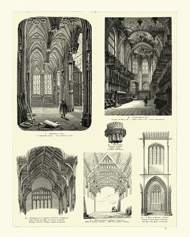 Vintage illustration of Medieval architecture, Cathedral at Alby, Chapel Henry VII, Wooden roof of St Srephen's chapel, Norwich, Hall of the palace at Eltham, Bay window of St Mary's at Beverley