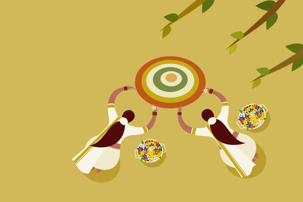 Women wearing traditional dress do floral designs on floor. Concept of Onam festival in Kerala. Women wearing traditional dress do floral designs on floor. Concept of Onam festival in Kerala. pookalam stock illustrations