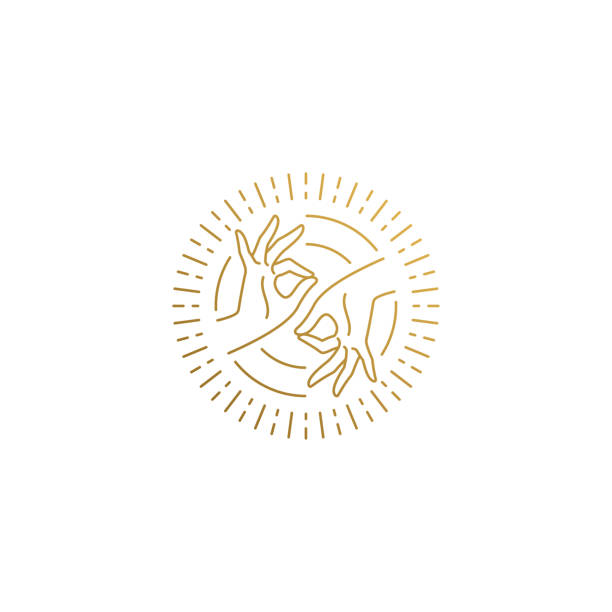 Vector logo of female hands doing Gyan Mudra in circle hand drawn with thin lines Minimal vector illustration of linear style emblem template of female hands doing Mudra of Knowledge in shiny circle drawn with golden lines mudra stock illustrations