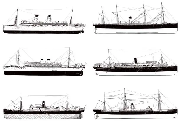 Vector illustration of Set of six drawings of old ocean liners