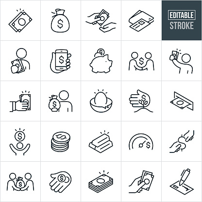 A set money icons that include editable strokes or outlines using the EPS vector file. The icons include cash, dollar bills, money bag, person handing cash to another person, wallet with credit card, person holding out cash, payment via smartphone, piggy bank, handshake, hand holding out cash, person holding bag full of money, nest egg, money growing, ATM, stack of coins, bars of gold, stack of cash, check, person giving another person a bag of money, hand holding coins and other related icons.