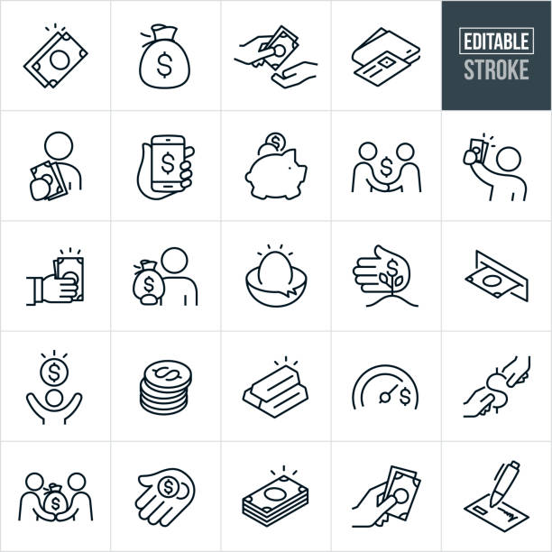 Money Thin Line Icons - Editable Stroke A set money icons that include editable strokes or outlines using the EPS vector file. The icons include cash, dollar bills, money bag, person handing cash to another person, wallet with credit card, person holding out cash, payment via smartphone, piggy bank, handshake, hand holding out cash, person holding bag full of money, nest egg, money growing, ATM, stack of coins, bars of gold, stack of cash, check, person giving another person a bag of money, hand holding coins and other related icons. money bag stock illustrations