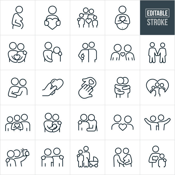 Loving Relationships Thin Line Icons - Editable Stroke A set of loving relationships icons that include editable strokes or outlines using the EPS vector file. The icons include a pregnant woman holding her stomach, a person holding a heart, a family of for with two parents and two children, a pregnant woman holding a heart, a couple holding a heart, a parent comforting a sad child, a couple holding each other, two people falling in love, a boyfriend and girlfriend holding hands, a hand holding a heart, hands touching, two people hugging, a couple holding a baby, a parent with hand on shoulder of child, couple taking a selfie, mother with a child and baby in baby stroller, a man holding the stomach of his pregnant wife and a single mother and child to name a few. mother stock illustrations