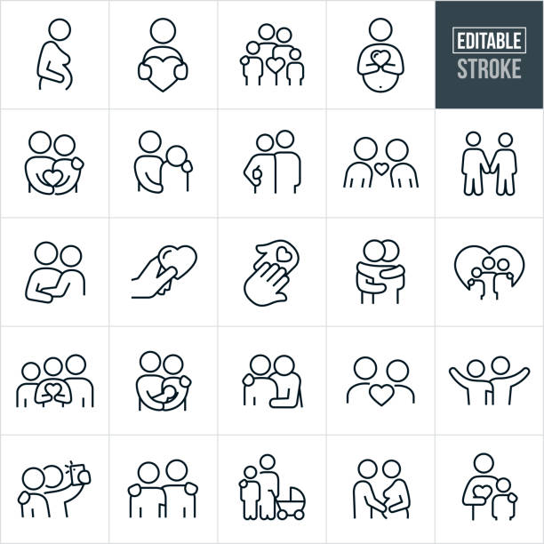 Loving Relationships Thin Line Icons - Editable Stroke A set of loving relationships icons that include editable strokes or outlines using the EPS vector file. The icons include a pregnant woman holding her stomach, a person holding a heart, a family of for with two parents and two children, a pregnant woman holding a heart, a couple holding a heart, a parent comforting a sad child, a couple holding each other, two people falling in love, a boyfriend and girlfriend holding hands, a hand holding a heart, hands touching, two people hugging, a couple holding a baby, a parent with hand on shoulder of child, couple taking a selfie, mother with a child and baby in baby stroller, a man holding the stomach of his pregnant wife and a single mother and child to name a few. relationship icon stock illustrations