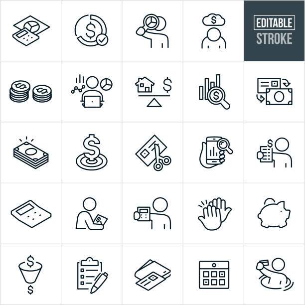 Budgeting Thin Line Icons - Editable Stroke A set of budgeting icons that include editable strokes or outlines using the EPS vector file. The icons include a calculator and pie chart, money cart, budget, person with magnifying glass and pie chart, financially depressed person, two stacks of coins for budgeting, person on computer with graphs and charts, money line graph, cash instead of credit, stack of cash, dollar sign and target, scissors cutting credit card, analyzing money and finances, record keeping, calculator, person working on finances, person holding calculator, high five, piggy bank, checklist, wallet and credit card, budgeting calendar, and a person sinking while holding credit card to name a few. budget drawings stock illustrations