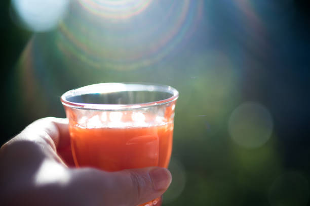 luz da manhã e um copo de suco de cenoura - carrot juice - fotografias e filmes do acervo