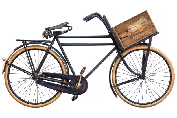 Vintage black cargo bicycle with old wooden transport crate Vintage black cargo bicycle with old wooden transport crate and leather saddle cargo bike photos stock pictures, royalty-free photos & images
