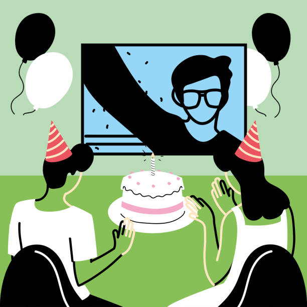istock man and woman with party hat waving boy on screen with cake vector design 1254808188