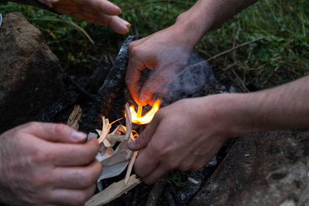 istock Making a campfire with wood shavings 1254808650