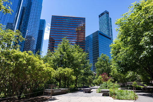 Modern glass skyscrapers seen from an empty Dutch Kills Green Park with green plants and trees during spring in Long Island City Queens New York