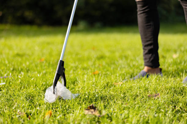 Low section of male volunteer picking up plastic from grass. Young man is cleaning park with mechanical grabber. He is outdoors on sunny day.