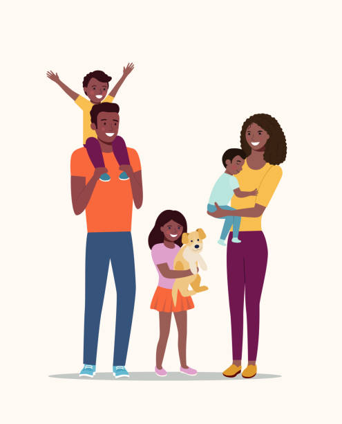 어린이와 개를 가진 어머니와 아버지. 행복한 아프로 미국 가족 고립. 벡터 플랫 스타일 일러스트레이션 - happy family stock illustrations