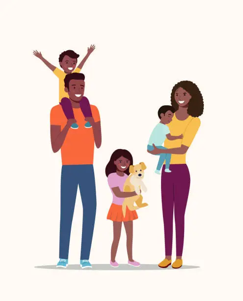 Vector illustration of Mother and father with children and dog. Happy afro American family isolated.Vector flat style illustration